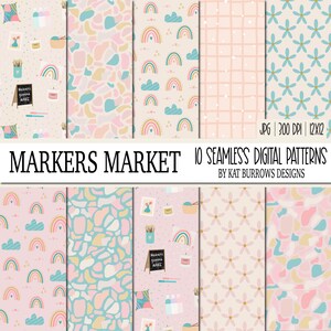 Könnte beinhalten: Zehn digitale nahtlose Muster in einer Pastellfarbpalette. Die Muster zeigen Regenbögen, Wolken, Blumen, geometrische Formen und eine Tafel mit dem Text "Makers gonna MAKE".