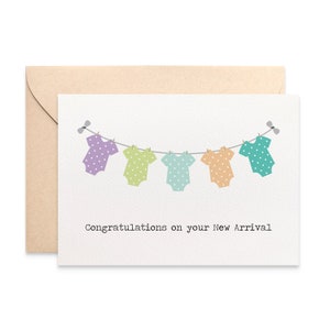 Unisex New Baby Card, Congratulations on Your New Arrival Card, Neutral Baby Clothes on a Clotheslines, Card for New Mum, BBY007