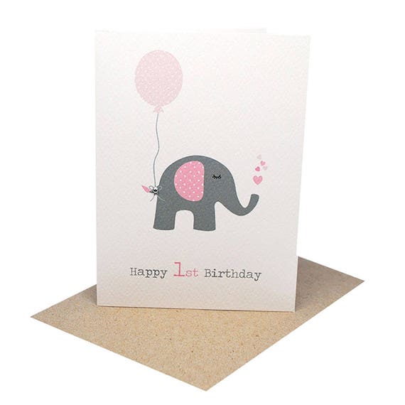 1st Birthday Card Girl Elephant With Pink Party Balloon Etsy