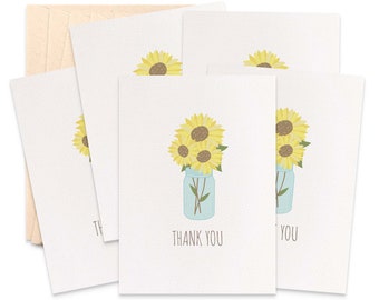 Thank You Card Pack, Set of 5 Cards, Cards to sat Thank You, Sunflowers in Mason Jar Cards, 5P012