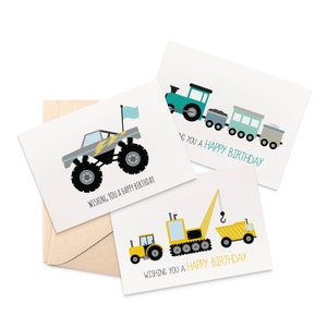 Kids Birthday Card Pack, Cards for Boys, Set of 3 Cards, Monster Truck Card, Construction Card, Happy Birthday Cards for Kids, CP3_006
