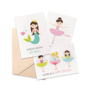 Kids Birthday Card Pack, Set of 3 Cards, Birthday Cards for Girls, Children's Birthday Cards, Fairy Card, Ballerina Card, Mermaid, CP3_009