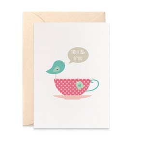 Thinking Of You Card, Sympathy Card, Bereavement Card, Turquoise Birdie with Pink Teacup Card, Greeting Card, Condolence Card, WDS018