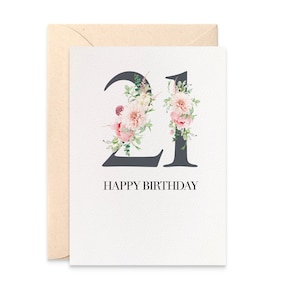 21st Birthday Card, Pink Floral Birthday Card, Any Age Women's Birthday Card, Any Age 18, 21, 30, 40 etc, Birthday Floral Numbers, HBF185