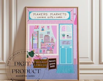 Digital Art Print, Makers Market Pink Printable Art Print, Shop Front Digital Print, Illustrated Art Prints for the Home, Studio Art Print