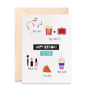 Teenage Birthday Girl Card, Card for Teenager, Girl Items, Makeup Card, Pizza Card, Binge Watch TV Card for Her, Birthday Girl Card, HBC254