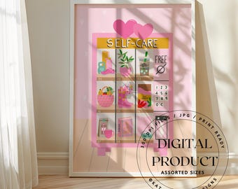 Impresión de arte digital, máquina expendedora rosa de autocuidado, impresión de arte imprimible, impresión digital de autocuidado, impresiones positivas ilustradas para el hogar