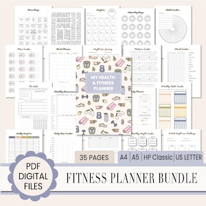 May include: A collection of printable PDF fitness planners. The central planner, titled "My Health & Fitness Planner," is surrounded by various tracking sheets for weight loss, habits, and meals. The bundle includes 35 pages and is available in A4, A5, HP Classic, and US Letter sizes.