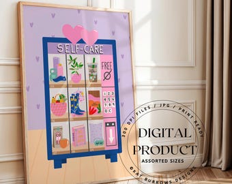 Impresión de arte digital, impresión de arte imprimible de máquina expendedora de autocuidado, impresión digital de autocuidado, impresiones positivas ilustradas para el hogar