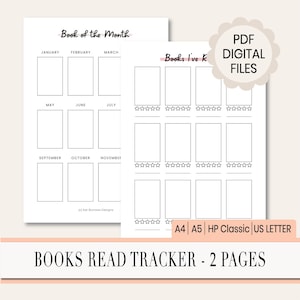 May include: Two-page PDF digital file book tracker. The first page is titled "Book of the Month" with spaces for each month. The second page is titled "Books I've Read" with spaces and star ratings. Includes A4, A5, HP Classic, and US Letter sizes.
