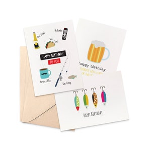 Birthday Card Pack for Men, Set of 3 Cards,  Beer Card, Fishing Card, Cards for Men, Happy Birthday Cards, CP3_007