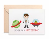 Space Card, Birthday Card Boy, Outer Space Astronaut, Planet and Alien Ship, Happy Birthday Card, Birthday Boy Cards, HBC229