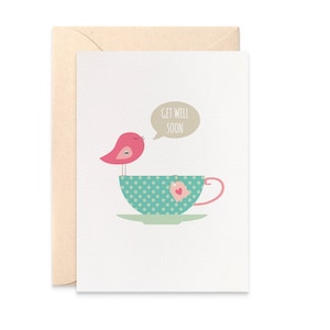 Get Well Soon Card, Pink Birdie on a Turquoise Tea Cup, Get Well Card, Sickness Card, Sick Card, GWS012
