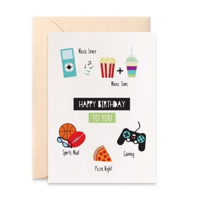 Teenage Boy Birthday Card, Happy Birthday Card for Boys, Pizza Card, Movie Card, Music Card, Sports Card, Gaming Card, HBC255