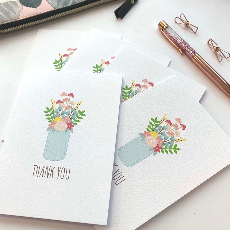Thank You Card Pack, Mason Jar With Bright Flowers, Set of 5 Cards ...