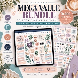 Könnte beinhalten: Ein digitales Sticker-Paket mit über 70.000 Elementen für Planer. Das Tablet-Display zeigt verschiedene Illustrationen wie Pflanzen, einen Laptop, einen Globus und Kaffeetassen sowie mehrere Stickerbögen mit verschiedenen Kategorien.