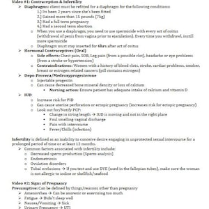 May include: A document titled OB Maternal Newborn ATI Proctored Notes containing educational information on contraception, infertility, and signs of pregnancy. The text outlines guidelines for diaphragms, hormonal contraceptives, IUDs, and infertility factors.