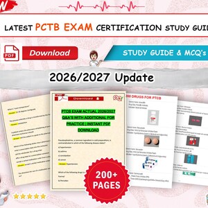 Può includere: Una guida di studio digitale per l'esame PTCB 2026/2027, con diverse pagine di domande di pratica, informazioni sui farmaci e chiavi di risposta. Il documento include un badge rosso 200+ pagine, un pulsante di download e illustrazioni a fumetti.