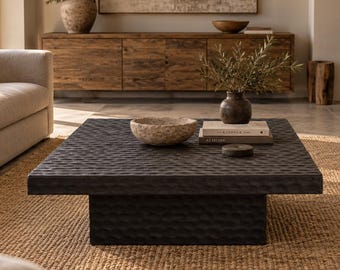 Hand Carved Dark Oak Coffee Table, Sculptural Solid Wood Coffee Table, Brutalist Wabi Sabi Square Center Table, Luxury Living Room Furniture