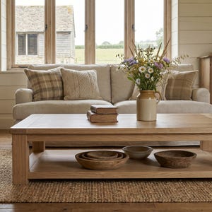 May include: A rectangular light oak coffee table with a lower shelf holding three nested wooden bowls and two separate bowls. On the tabletop sits a ceramic pitcher filled with wildflowers and two stacked books. The table is set before a beige sofa.