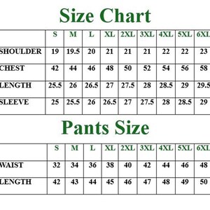 May include: A size chart table with green text on a white background. The top section lists shoulder, chest, length, and sleeve measurements for sizes S through 6XL. The bottom section lists waist and length measurements for pants sizes S through 6XL.