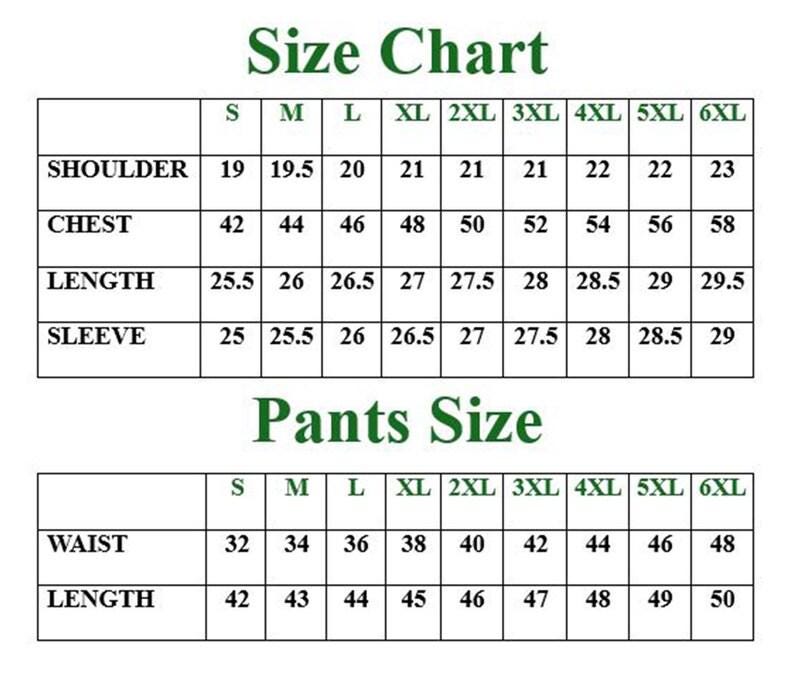 May include: A size chart table with green text on a white background. The top section lists shoulder, chest, length, and sleeve measurements for sizes S through 6XL. The bottom section lists waist and length measurements for pants sizes S through 6XL.