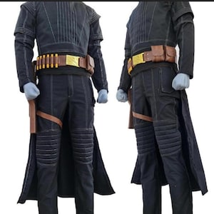 May include: A black long-sleeved tunic and trousers set featuring white topstitching, ribbed knee panels, and a brown utility belt with gold accents and ammunition loops. The outfit includes a long coat and a holster for a sidearm.