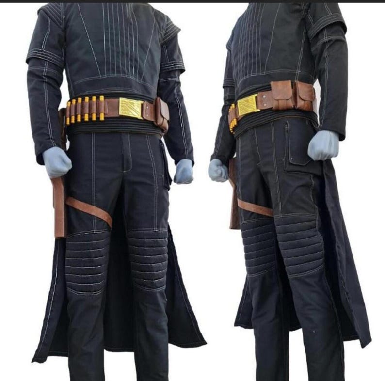 May include: A black long-sleeved tunic and trousers set featuring white topstitching, ribbed knee panels, and a brown utility belt with gold accents and ammunition loops. The outfit includes a long coat and a holster for a sidearm.