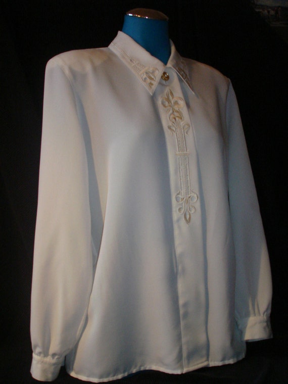 White Formal Blouse~Vintage 1980s~Valentine~Silk … - image 1