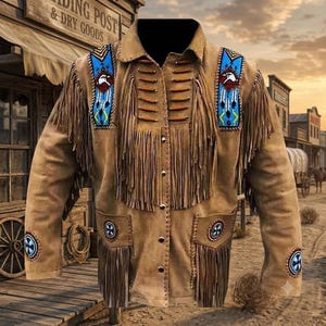 May include: A tan suede jacket featuring long fringe detailing on the chest and pockets. The garment includes blue beaded panels with eagle motifs on the shoulders, brown horizontal leather accents, and circular beaded patches on the lower pockets and sleeves.