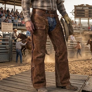 Handgjorda herrbyxor med fransar i kohud – Chaps i vintagestil i western, cowboystil i rodeostil