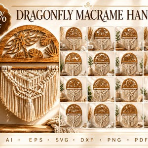 May include: A wall hanging featuring a semi-circular wooden cutout with a dragonfly and leaf design, attached to a cream-colored macrame cord piece with a knotted pattern and fringe. The image displays multiple variations of this design.