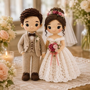 May include: Two crochet dolls representing a wedding couple. The figure on the left wears a tan suit with a brown bowtie and shoes. The figure on the right wears a white off-the-shoulder dress, a floral headpiece, a veil, and holds a pink rose bouquet.