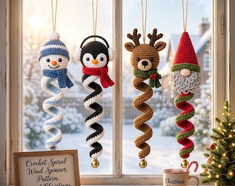 Crochet Spiral Wind Spinner Pattern, 4 in 1 Christmas Snowman Penguin Reindeer Gnome Amigurumi Ornament PDF Pattern