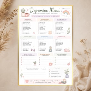 Può includere: Una lista di controllo Dopamine Menu stampata su carta, con sezioni per stimoli istantanei, connessione sociale, movimento, sbocchi creativi e riposo. Il design include illustrazioni pastello di piante, un arcobaleno e una tazza, con suggerimenti per attività di cura personale e uno spazio per la data.