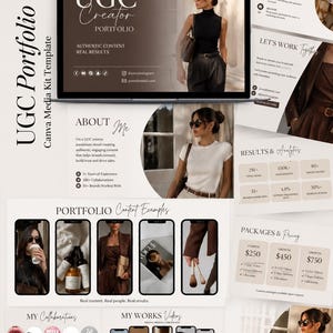 Puede incluir: Una plantilla digital de kit de medios de Canva para un portafolio de creador UGC con múltiples diapositivas con texto, fotografía y secciones de diseño. El diseño incluye secciones para presentación, ejemplos de portafolio, servicios y contacto.