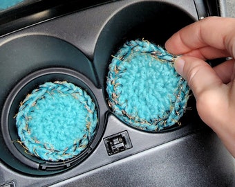 Beachy Car Accessories, Crochet Coaster Set, Blue Yellow Cup Holder Inserts, Gift for Teen Driver