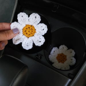Daisy Car Coasters, 2 Cup Holder Inserts, Handmade Flower Decor
