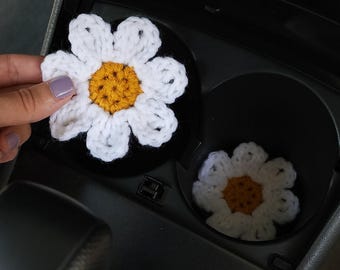 Daisy Car Coasters, 2 Cup Holder Inserts, Handmade Flower Decor
