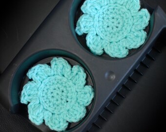 Ocean Waves Car Coasters, Crochet Cup Holder Inserts, Beach Car Accessories
