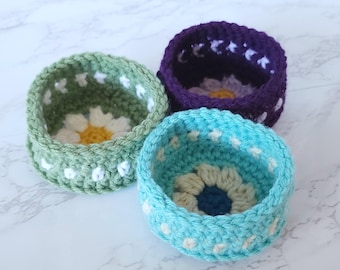 Mini Basket Daisy Flower, Crochet Home Decor, Green Blue Purple, Boho Office Organization