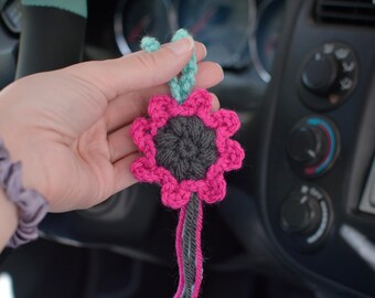 Crochet Sunflower Mirror Charm, Cute Car Accessories, Plant Lover Gift Idea
