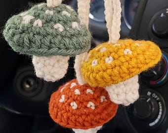 Crochet Mushroom Charm, Earthy Car Mirror Ornament