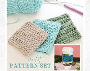 Crochet Pattern Set 3 Cup Cozy Styles, Easy Coffee Sleeve Patterns