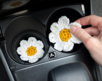 Daisy Car Coasters - 2 Cup Holder Inserts, Cute Car Accessories, Crochet Car Decor