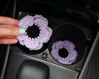 Anemone Flower Car Coaster Set - Cute Gift for Friend, Crochet Cup Holder Inserts