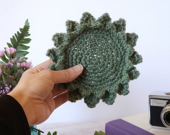 Succulent Drink Coaster, Crochet Plant Office Decor, Green Cactus Aesthetic