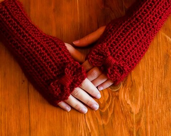Red Fingerless Mittens - Mother's Day Present, Women's Boho Gloves, Crochet Wrist Warmers