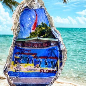 Cuban Coffee Queen Postcard Sign Oyster Shell - Key West Decor - Handmade Coastal Art - Florida Keys Souvenir - Mile Zero Shell Company