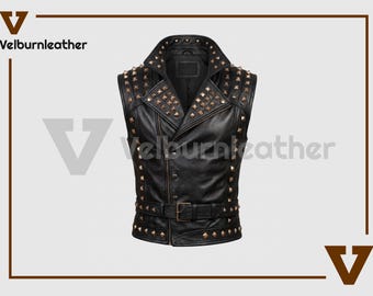 Gilet de motard en cuir noir clouté pour homme, style punk rock, veste sans manches en cuir, gilet gothique à clous métalliques, cadeau pour lui